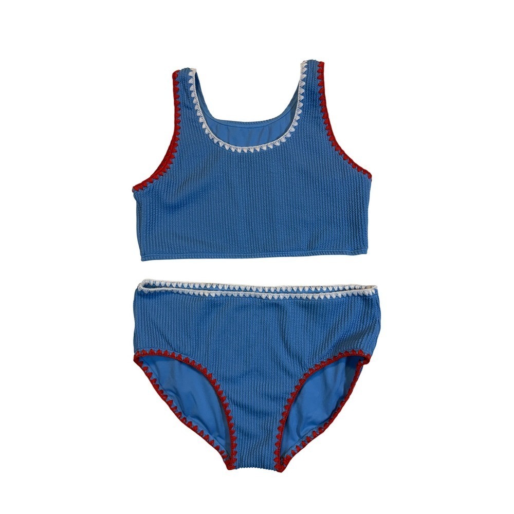 Blue Ribbed Two Piece Bikini Set Red White Trim Crochet Trim Tankini Style